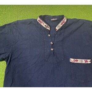 Vintage Henley Shirt LG Knit Embroider Collar  Mexican SouthWest Aztec Gecko